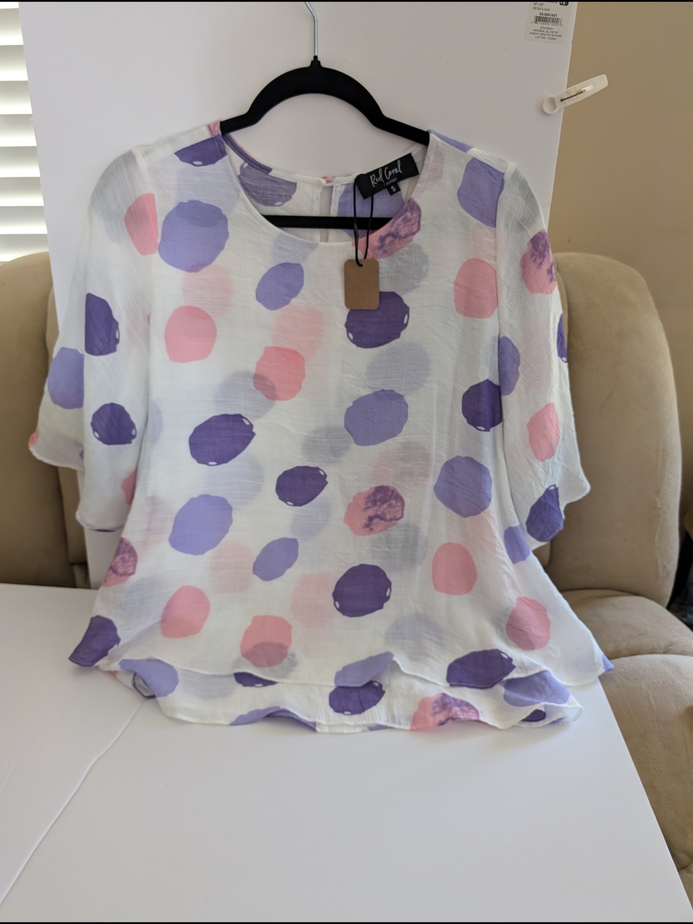 Ruby Rd. White Polka Dot Flutter Sleeve Blouse - Pink & Lavender